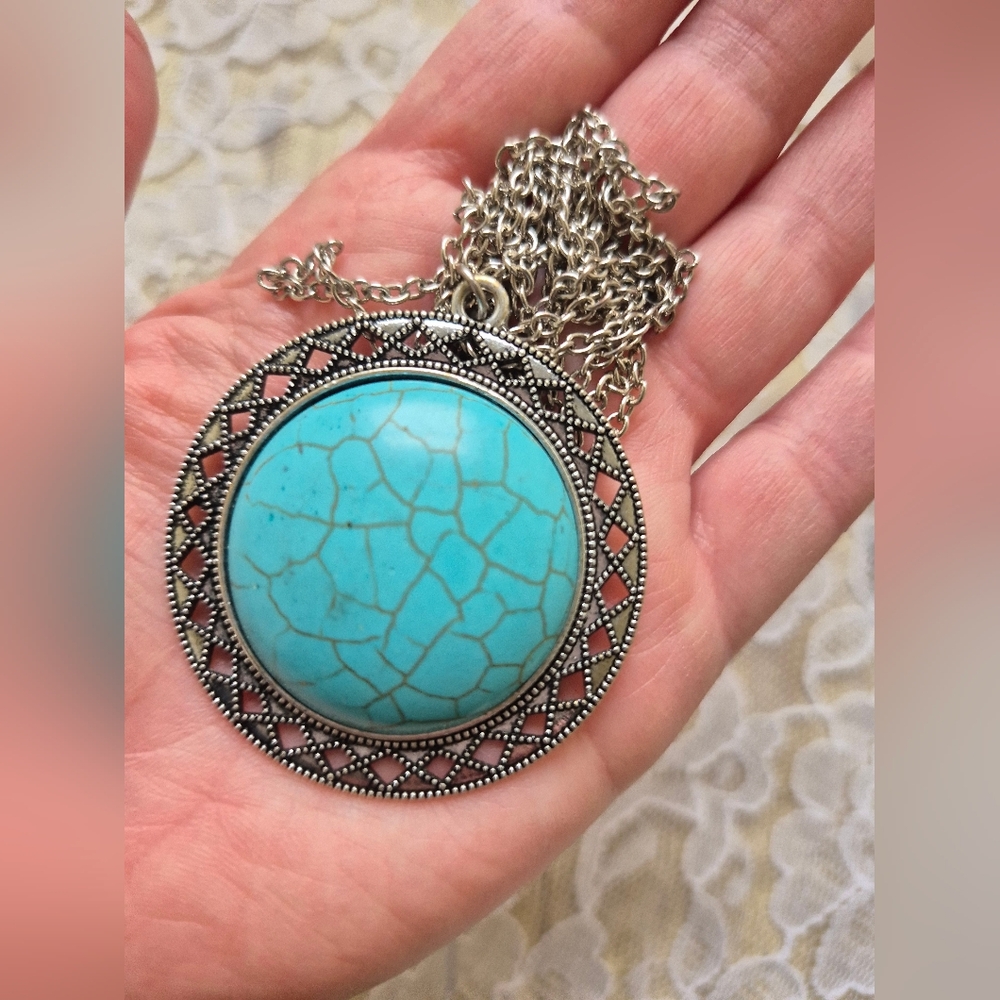 Super Long Turquoise and Silvertone Pendant Necklace